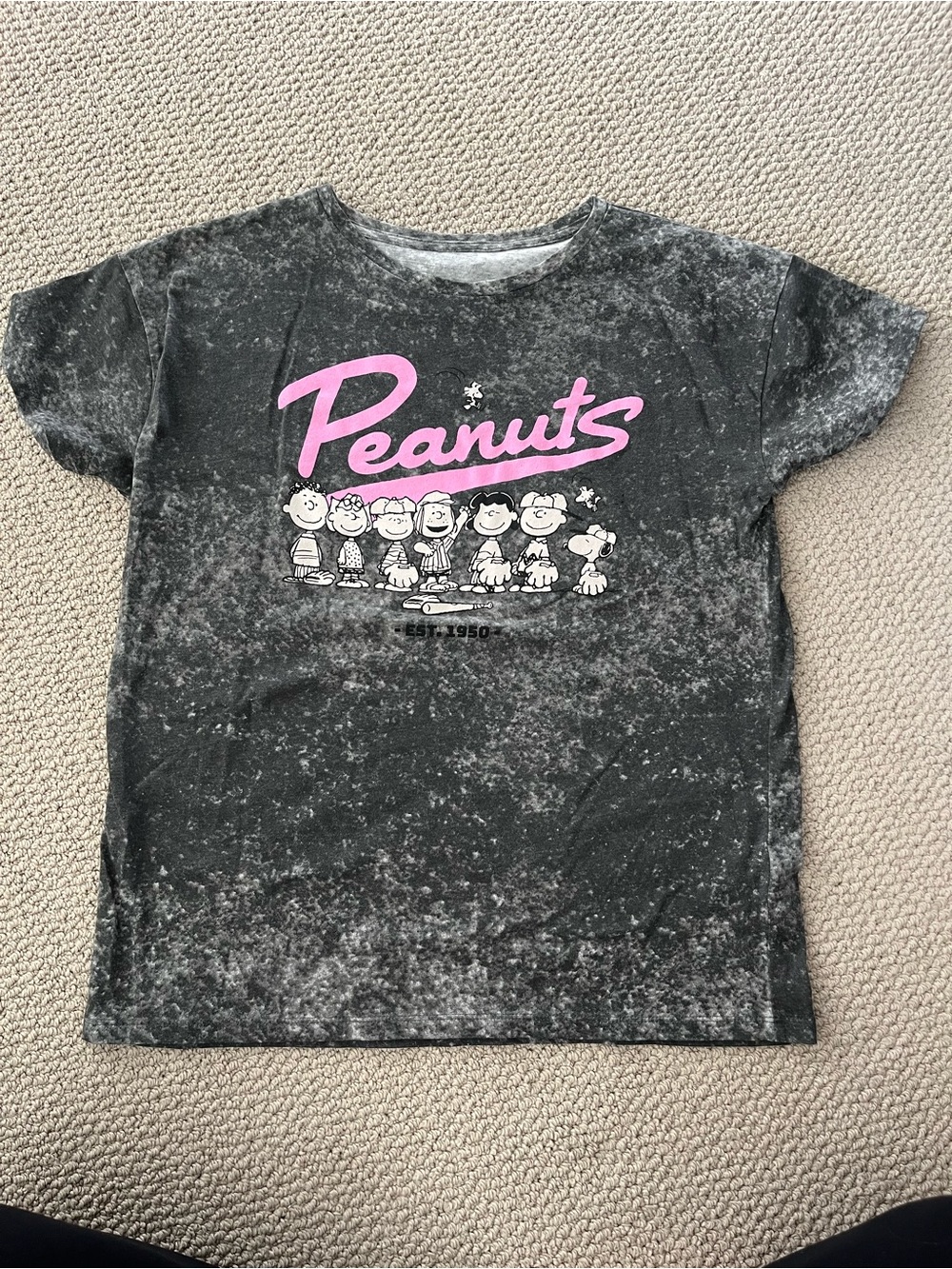 Peanuts Black Mineral-Wash Tee with Pink Logo